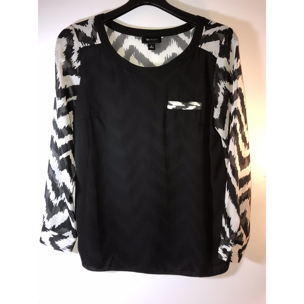 AB studios‎ womens medium black white chevon print sheer blouse